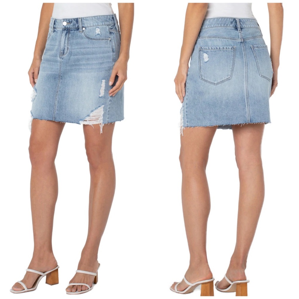 Liverpool Distressed Classic Mini Jean Skirt With Fray Hem Evanston Wash Sz 6/28